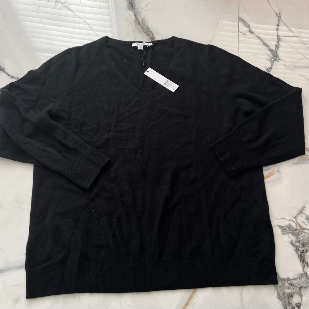 NWT Chico's Elegant Relaxed Black V-Neck 100% Cashmere Sweater Women’s XL - Picture 3 of 9